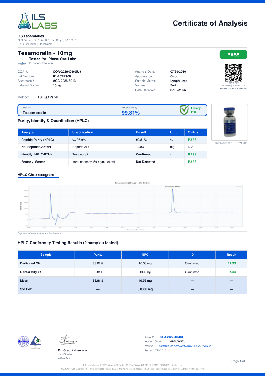 TESAMORELIN 10mg batch-specific certificate preview